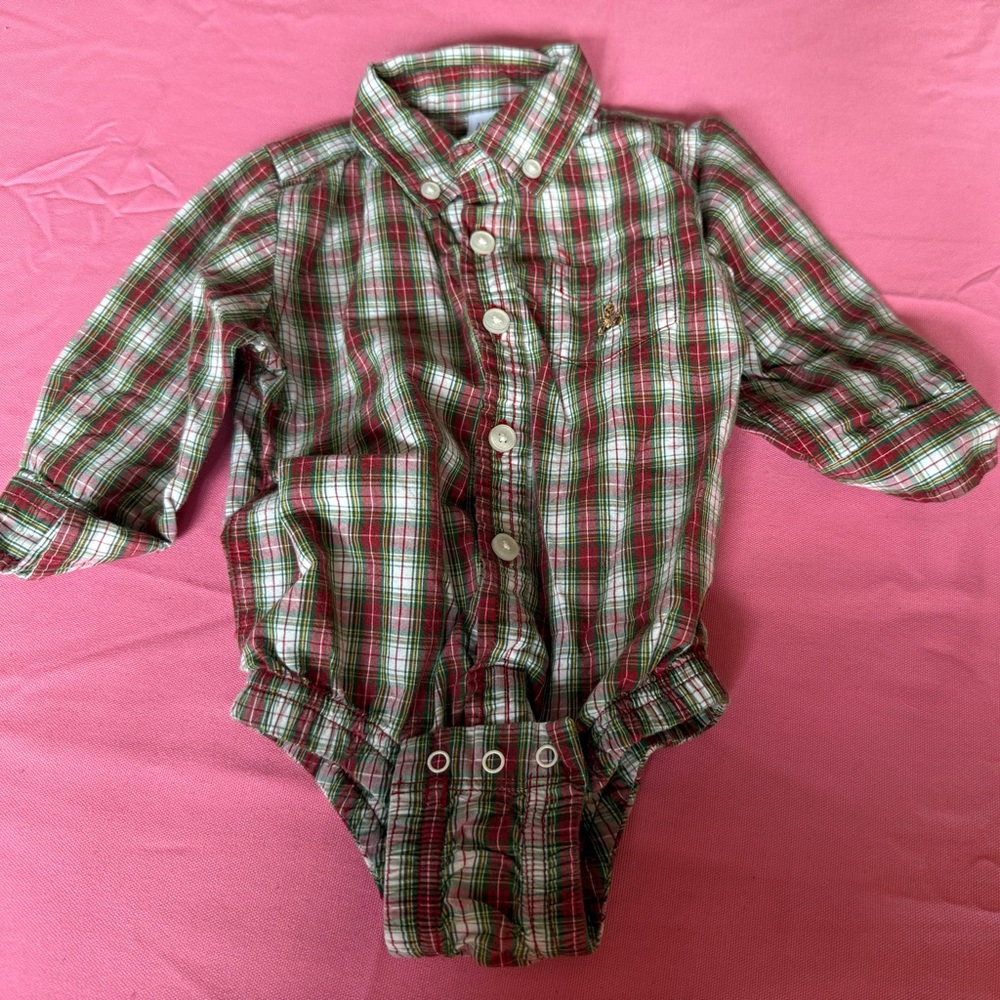 Gap Baby Boy Christmas Holiday Plaid Onesie long Sleeve button down shirt - Picture 1 of 2